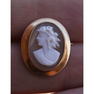 Victorian‎ 10k Solid Yellow Gold Carved Shell Greek Women Cameo - Brooch Pin